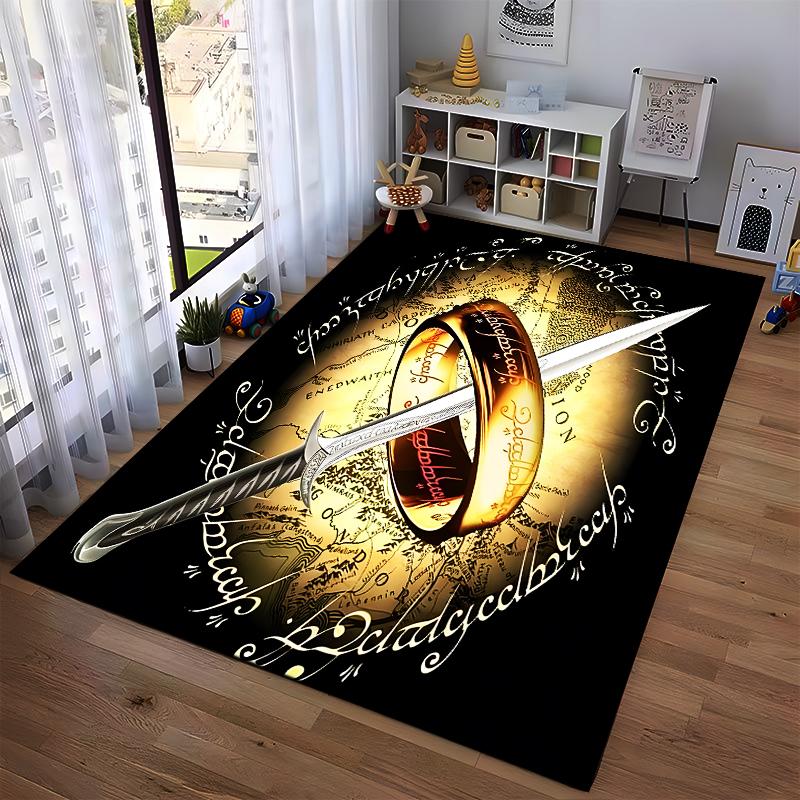 "Fantasy Style Carpet with Ring, Sword, and Elvish Text Motif" Suitable for use as an anti-slip for living room bedroom sofas