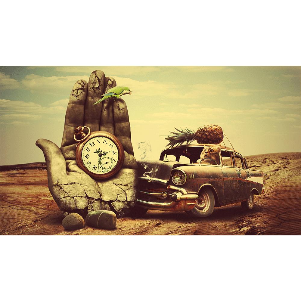 Абстрактная кошка за рулем автомобиля с карманными часами, художественная печать на холсте, картина, странный сюрреализм, настенная картина, украшение для дома, постер