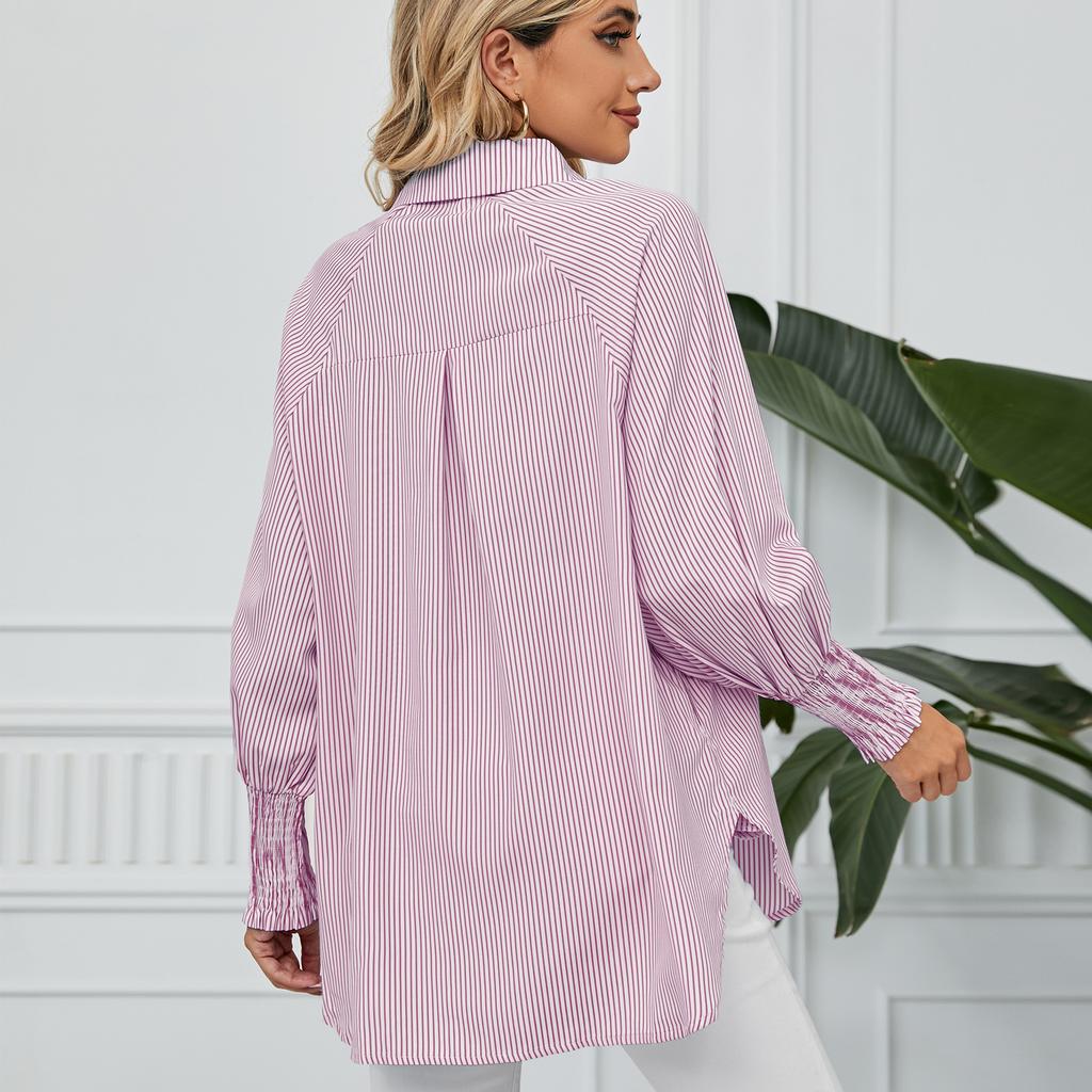 YYFS Женские модные повседневные весенне-осенние рубашки-поло с длинным рукавом и принтом в полоску, блузки и рубашки