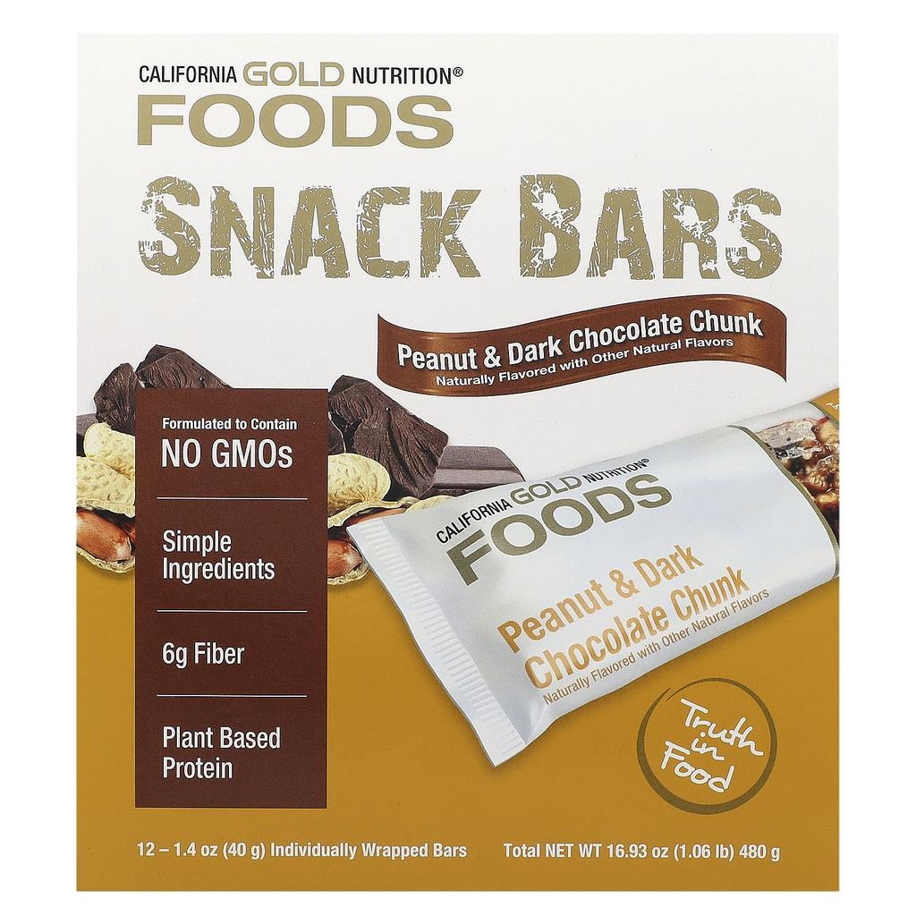 California Gold Nutrition Foods, Peanut and Dark Chocolate Chunk Snack Bars, 12 Bars, 1.4 Oz (40 G) Each