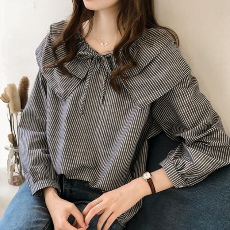 Осенняя женская рубашка в полоску в корейском стиле с воротником-куколкой — большой размер, свободная, шикарная, с длинными рукавами в гонконгском стиле