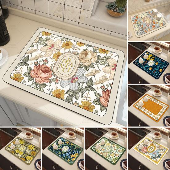 Kitchen Anti-slip Drain Mat Great Water Absorption Capacity Double-sided Washable Floral Printing Anti-skid Bottom Keep Clean Kitchen Dish Drying Mat