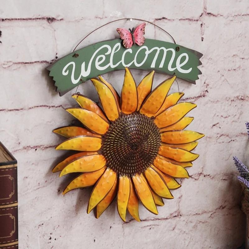 Garden Creative Living Room Wall Decorations WELCOME Sun Flower Pendant European Style Iron Mural Farmhouse Decor