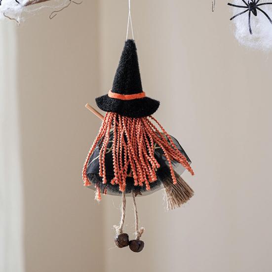 Halloween Witch Doll Decor with Broom Small Witch Figurine with Gauze Skirt Kitchen Hanging Witch Ornament for Room Door Window Halloween Decor