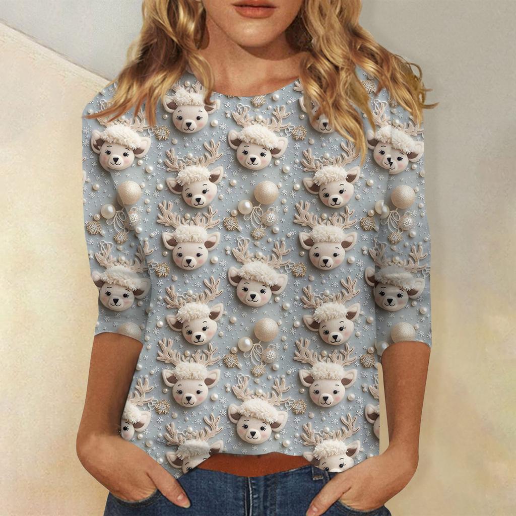 Женская модная повседневная футболка с рукавом три четверти и рождественским принтом, с круглым вырезом