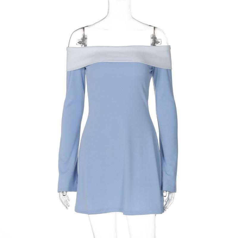Fashion Classic Color Contrast Layer Wrap Chest Long Sleeve Slim Style Dress