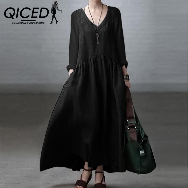 QICED Хлопковое повседневное женское платье с V-образным вырезом и длинным рукавом повседневные платья