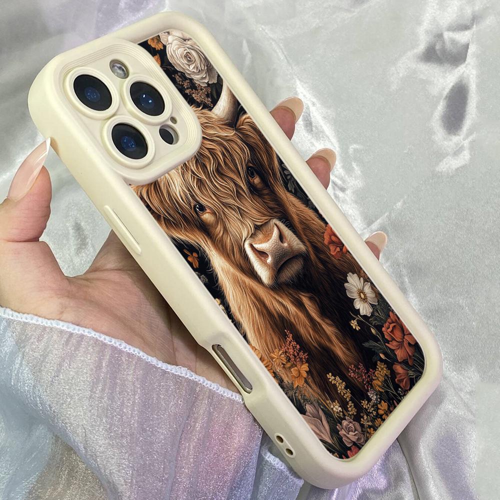 JT560 Винтажный рисунок шотландской коровы с цветами для iPhone 17 16 15 14 13 Pro Max Samsung S26 S25 Ultra A17 A07 A56 A16 Xiaomi 15T Redmi 15c 14 Мягкий чехол