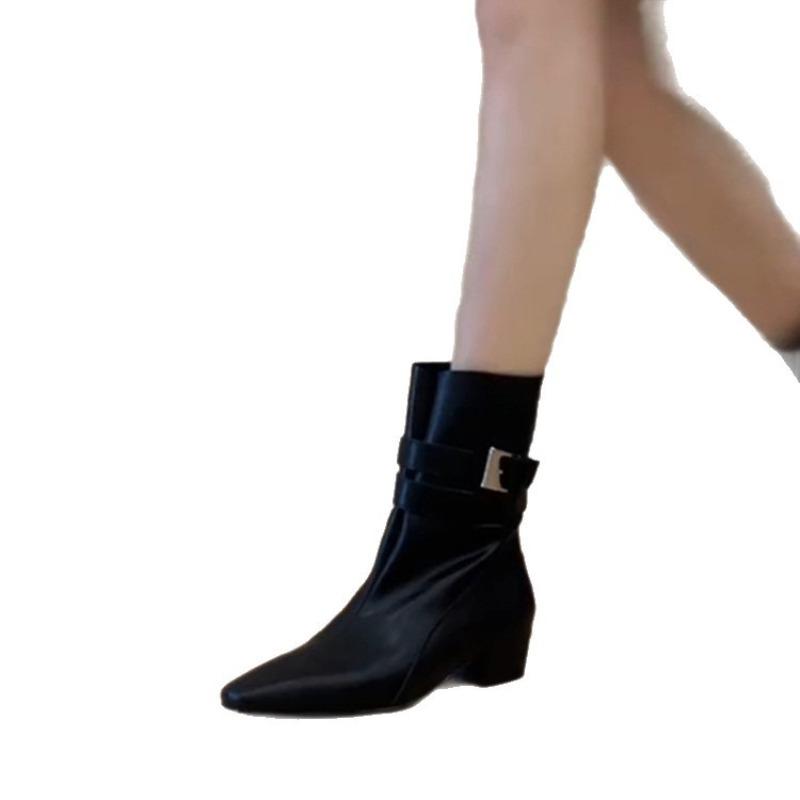 Square-toed Belt-buckle Ankle Boots, Women's Chunk-heeled Boots, Retro Versatile Boots, Women's Shoes