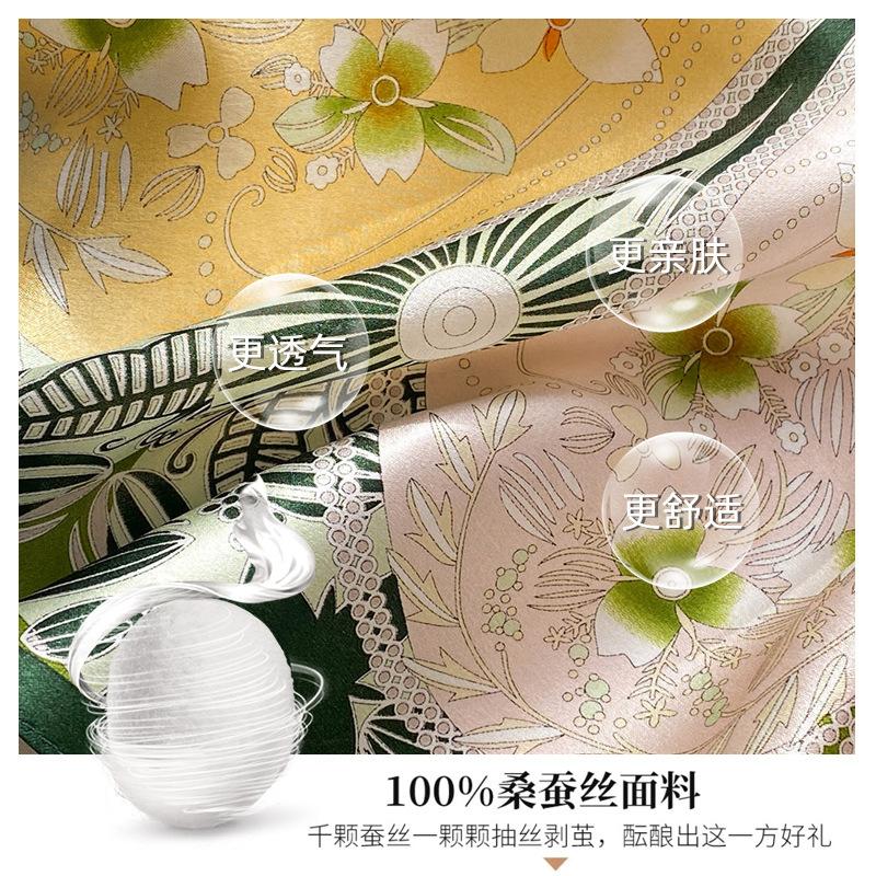 Green floral 100% mulberry silk scarf autumn and winter small square scarf versatile silk scarf temperament Korean silk scarf women