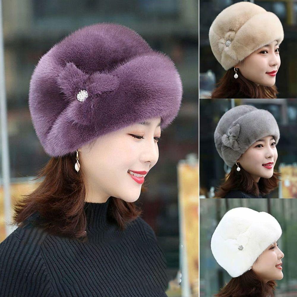 Faux Rabbit Fur Winter Hat Flower Decor Thermal Hat Solid Color Windproof Caps  Cycling Skiing