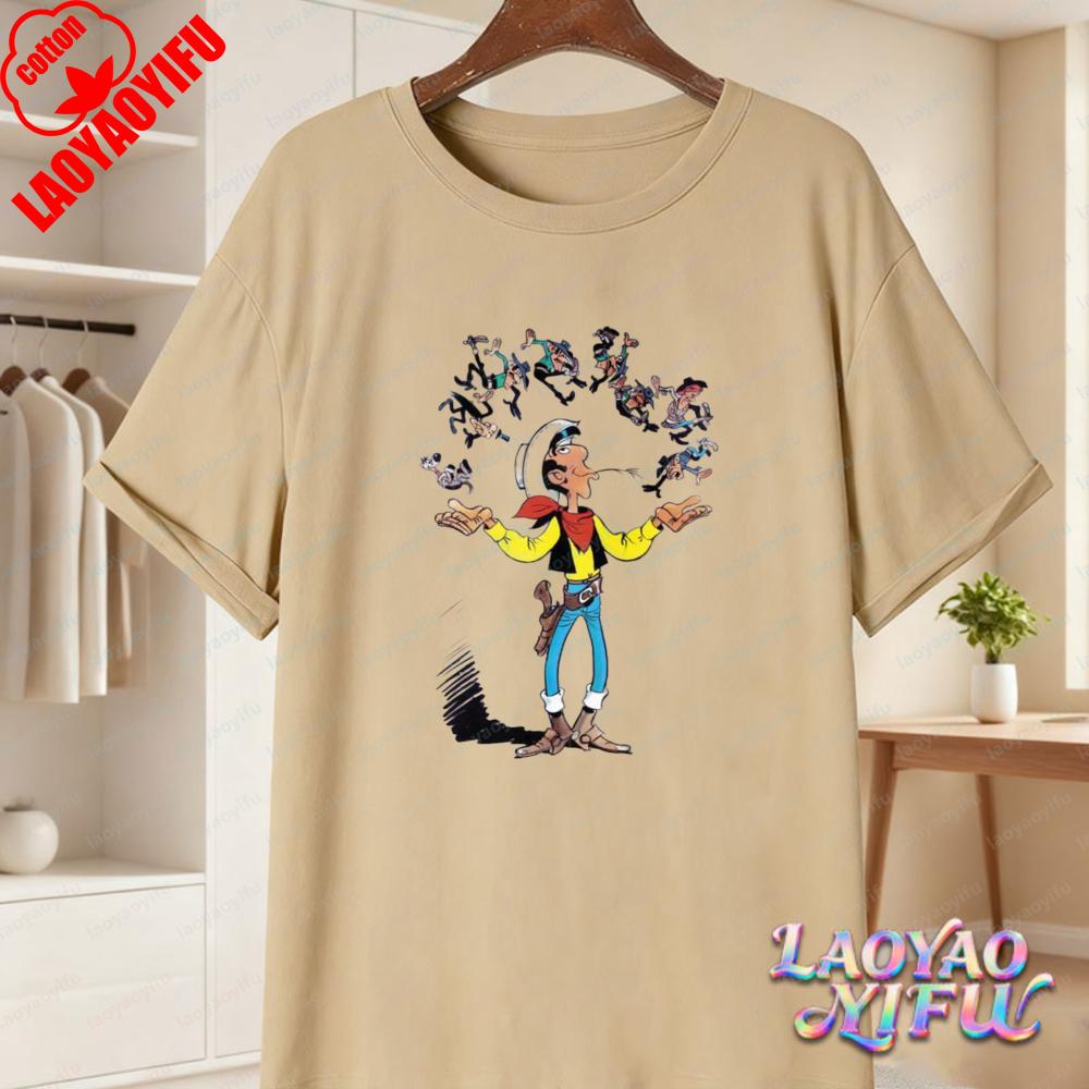 Смелая футболка с рисунком Lucky Luke Злодей Жонглирование Арт Модная футболка Подарок фанату Lucky Luke Летнее Развлечение Винтаж Комикс Хлопковые Топы Унисекс Одежда