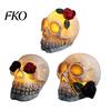 Halloween Ambient Light Gothic Up Skull Rose Flower Figurine, Day of Dead Resin Party Decorations Statue, Spooky Skeleton Head Lamp for Desk