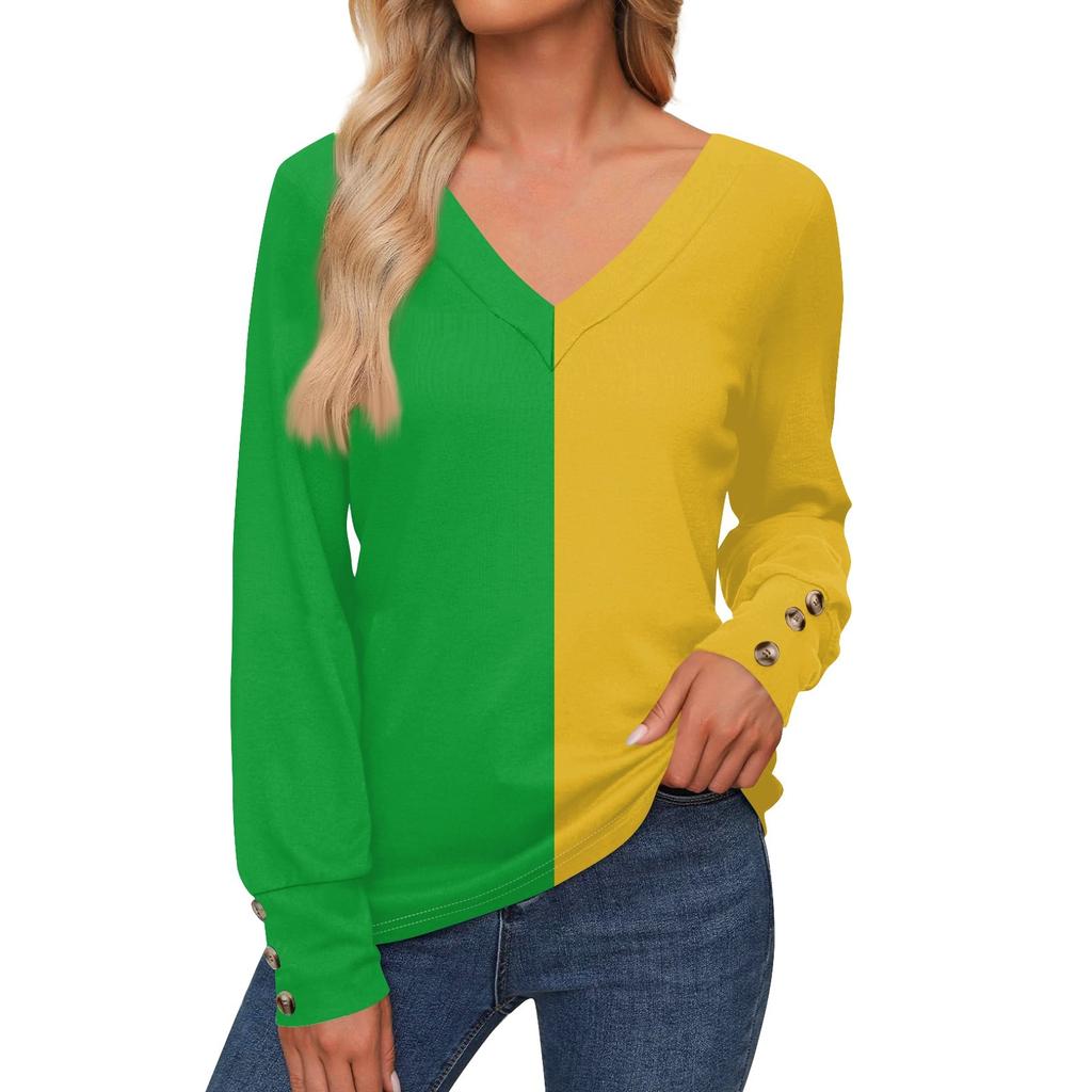 Женская повседневная модная рубашка с длинными рукавами и манжетами на пуговицах, свободная футболка с V-образным вырезом, осенняя одежда