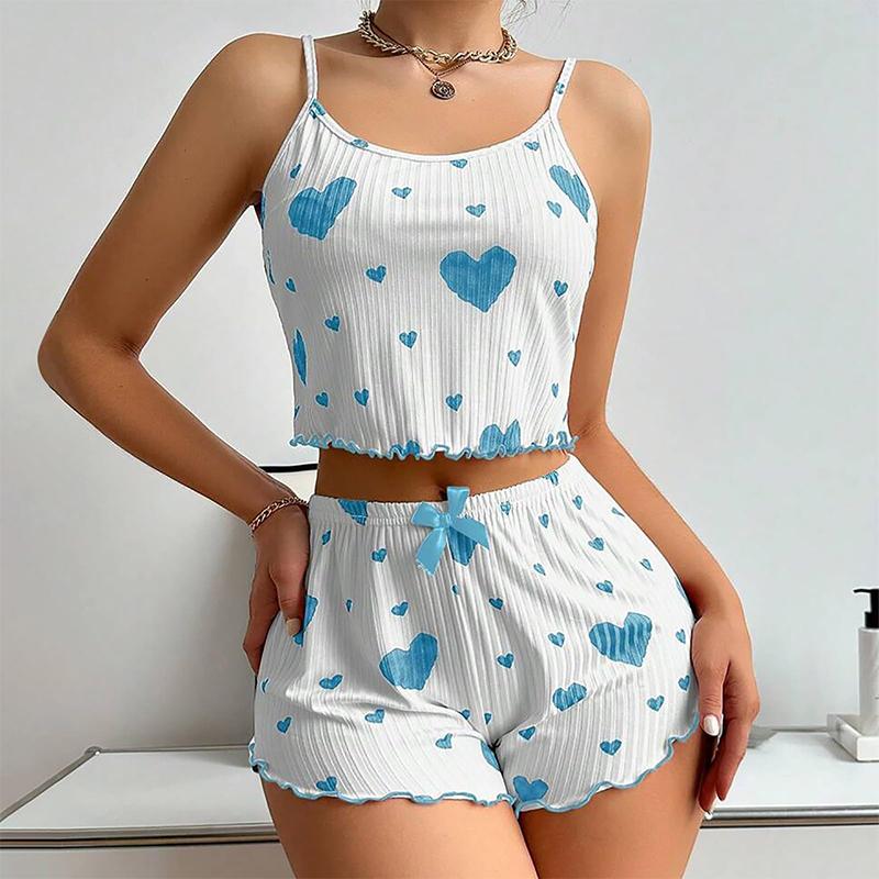 Women's Pajamas Set Sleepwear 2 PCS Short Tank Tops And Shorts White Ventilate Soft Casual Love Printing