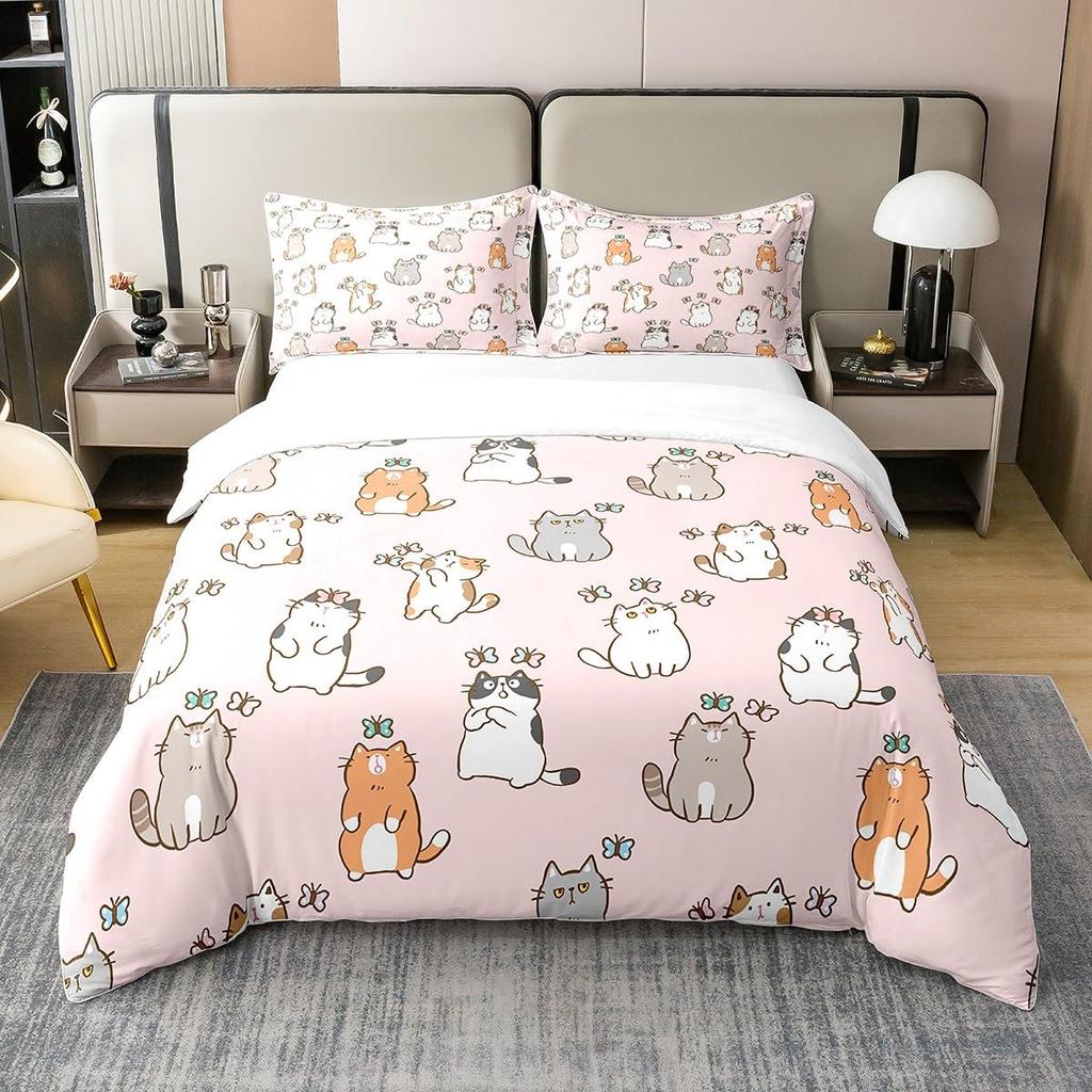 Cartoon Cat Pattern Duvet Cover Queen King Size Soft Bedding Set For Girls Toddlers Teens 3 Piece Set With 2 Pillowcases