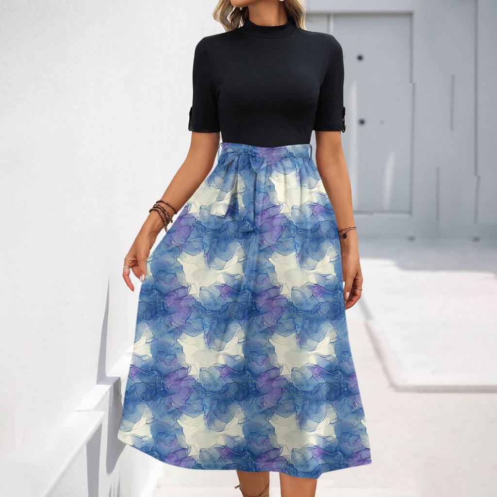 Women's Fashion Casual Belt Short Sleeve Round Neck Floral Elegant Temperament Dress