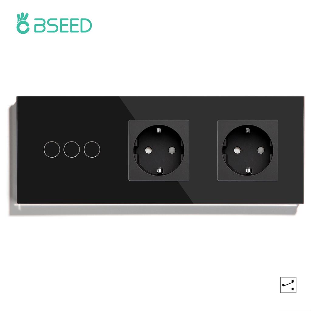 BSEED Стандарт ЕС 1/2/3 Клавиши 2-позиционные Настенные Сенсорные Выключатели Выключатели с Датчиком Освещенности Настенные Розетки USB Type-C Панель из Хрустального Стекла 240В Черный