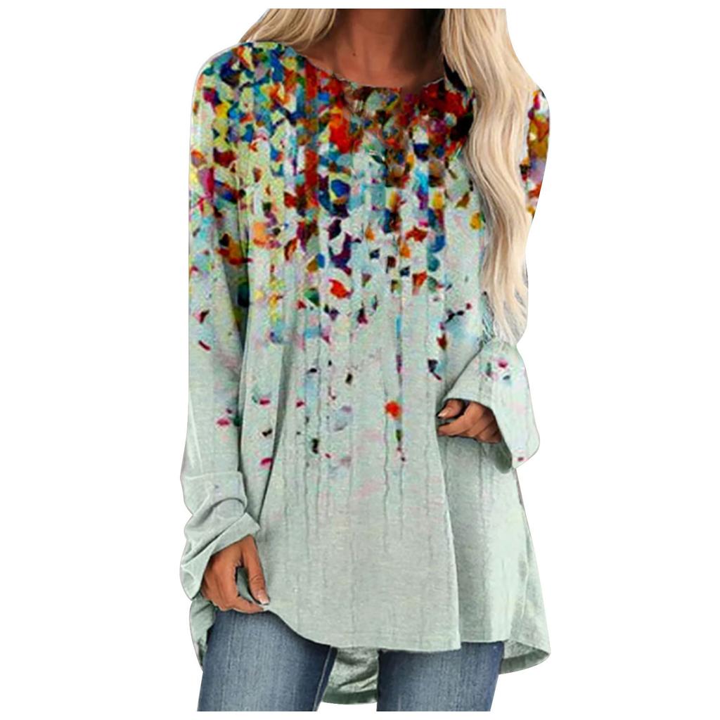 Women's Casual Fashion Creative Print Loose Round Neck Long Sleeve Tops