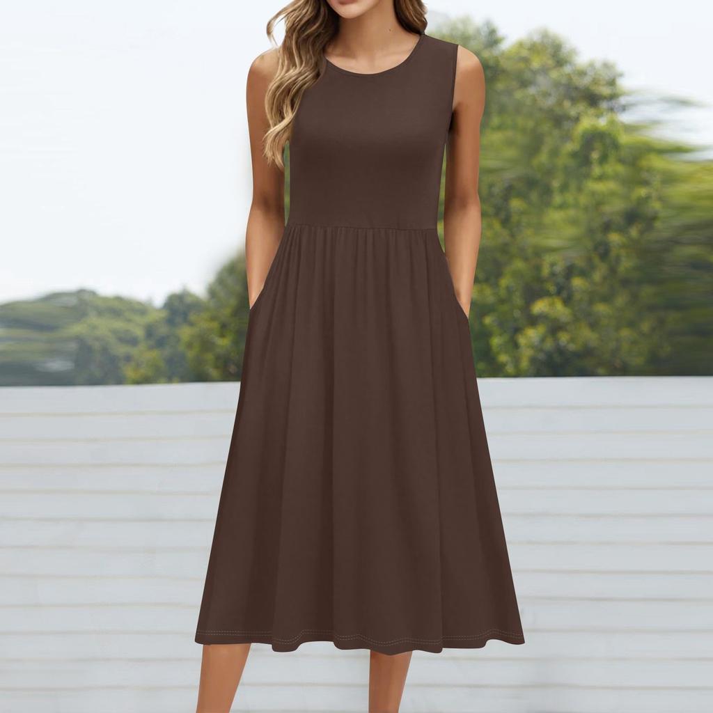 Женское модное однотонное платье без рукавов с круглым вырезом и карманом средней длины