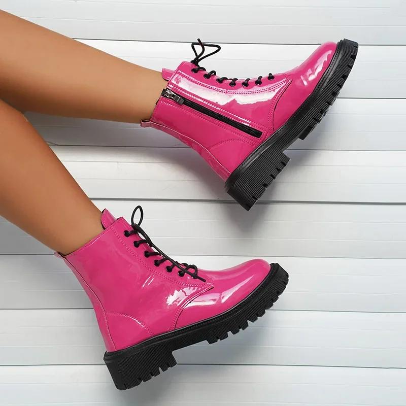 2024 Модные розовые мотоциклетные ботинки женские из искусственной кожи на платформе ботильоны женские осень-зима большие размеры на шнуровке bota