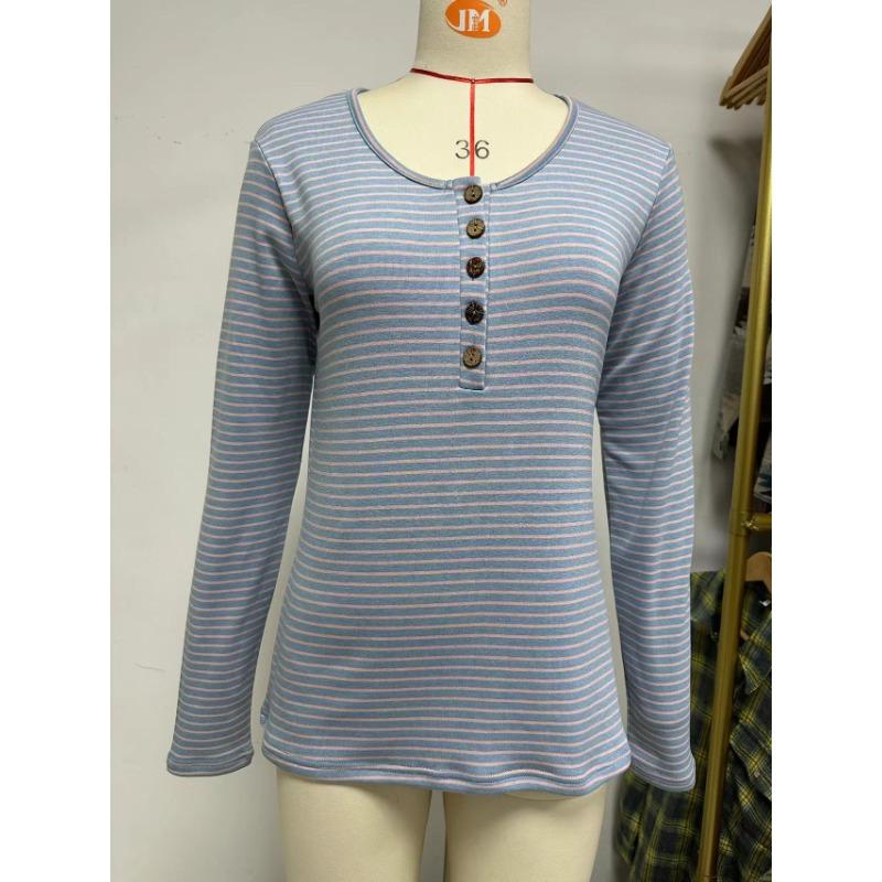 Spring and Autumn Women's Blouse Round Neck Button Loose Long Sleeve Striped Top