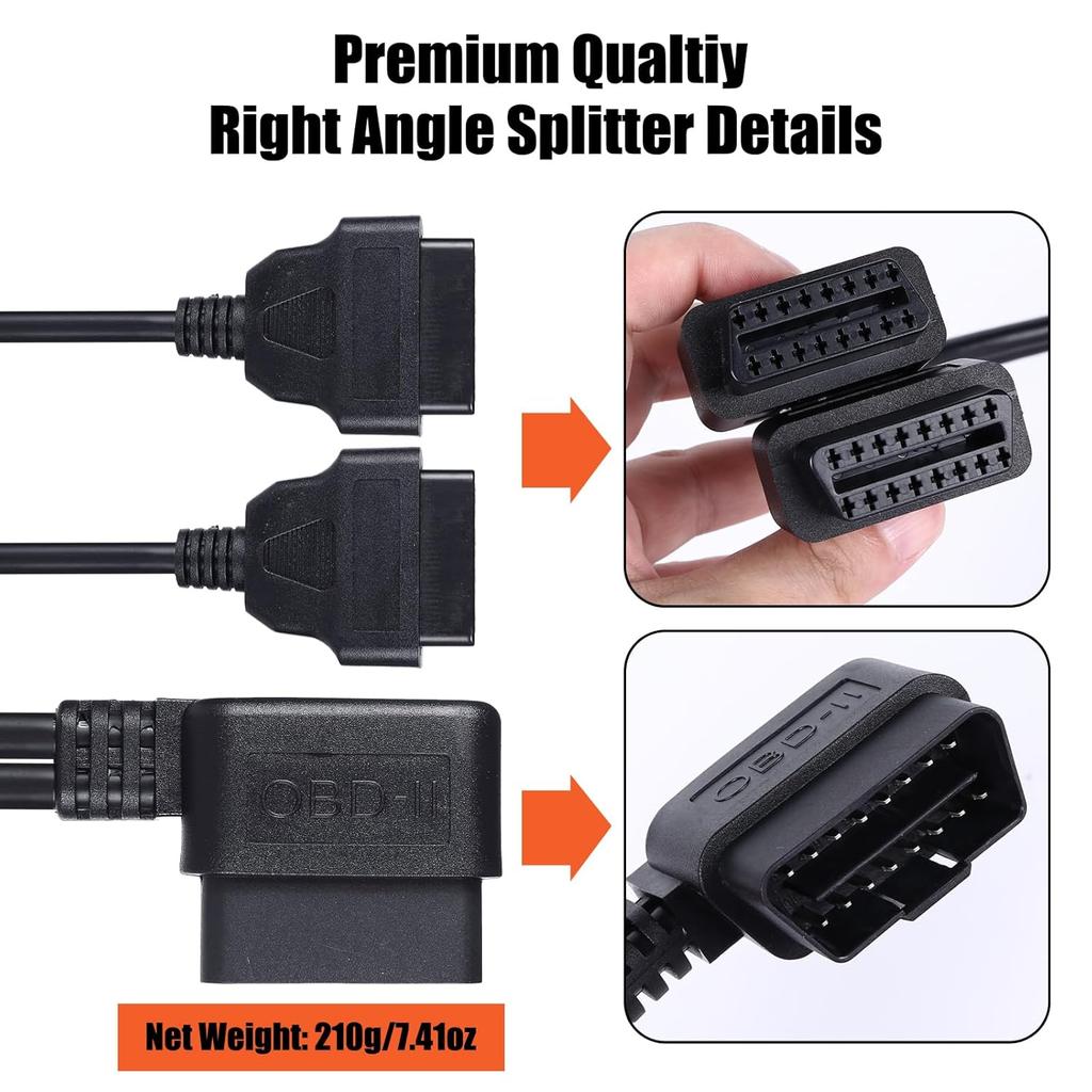 Right Angle OBD2 Splitter Y Cable, 16 Pin 1 Male Splitter To 2 Female Extension Cable 30Cm/12Inch