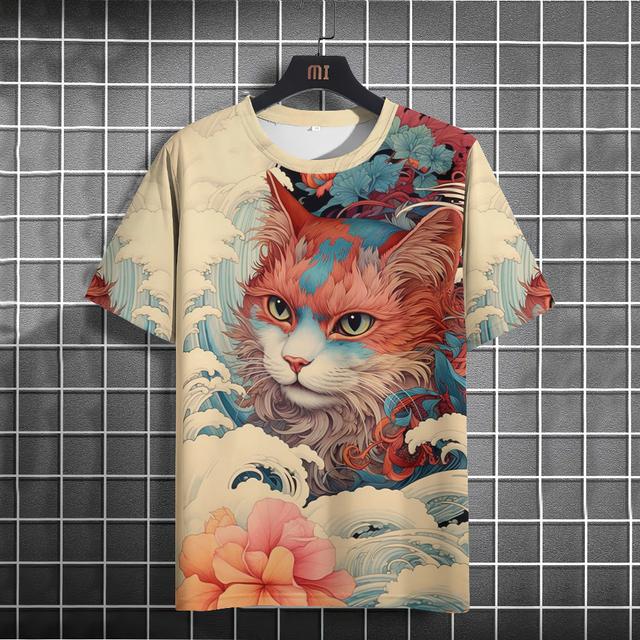 Men T-Shirts Casual Short Sleeve Tops Japanese Style Ukiyoe Graphic Clothing Oversized Summer Apparel Male T-Shirts Cat Pattern