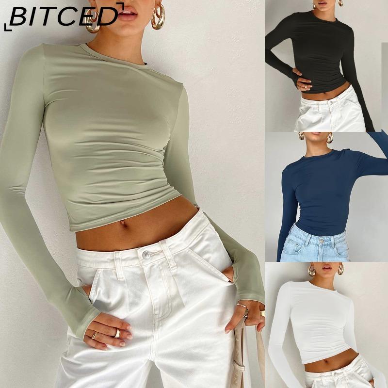 BITCED Женская весенне-осенняя футболка однотонная с круглым вырезом Базовый слой облегающий с длинным рукавом