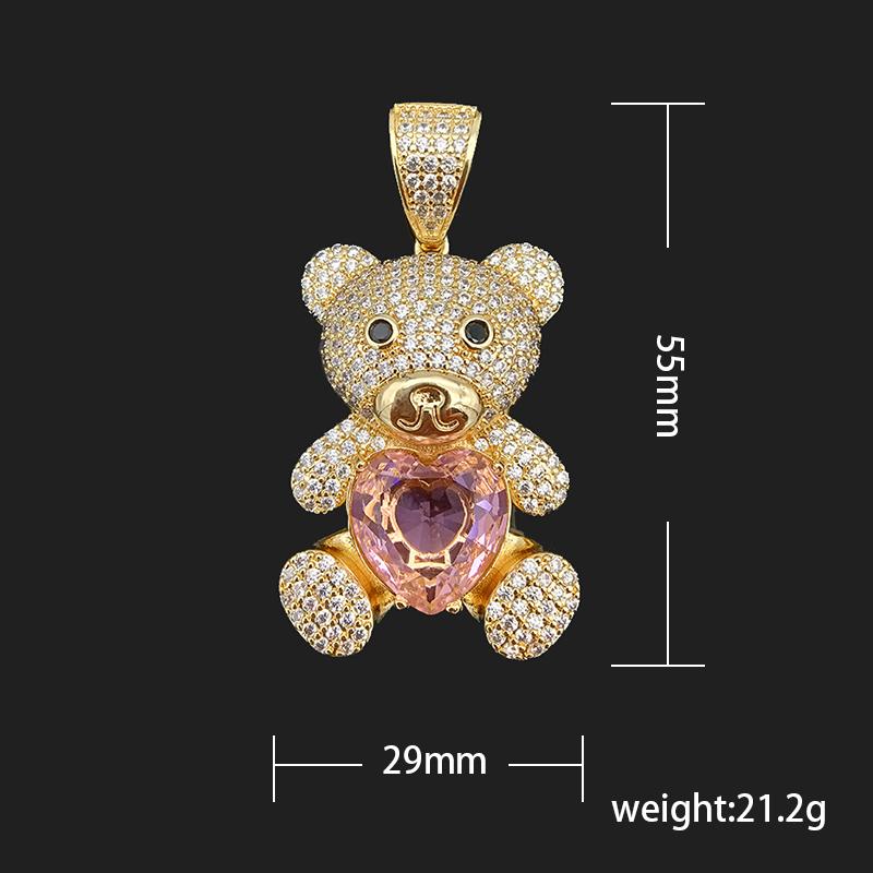 Cute Fashion Jewelry 14k Gold Plated Cubic Zirconia Pink Diamond Heart Shape Brass Bear Pendant Necklace Women Gift