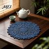 Tea Tray Mats Round Lace Doily, Dark Blue Floral Placemat, Embroidered Table Thickened Polyester Doilies Mat, Heat-resistant for Home Decoration