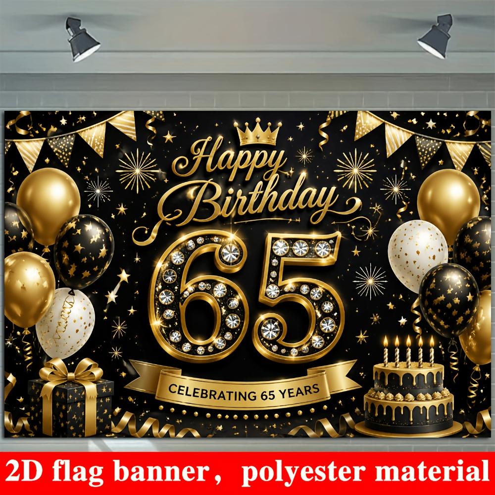 65th Birthday Party Banner Backdrop, Black Gold Crown Balloon Cake Gift Star Sparkle, Polyester, No Power, Party Decor