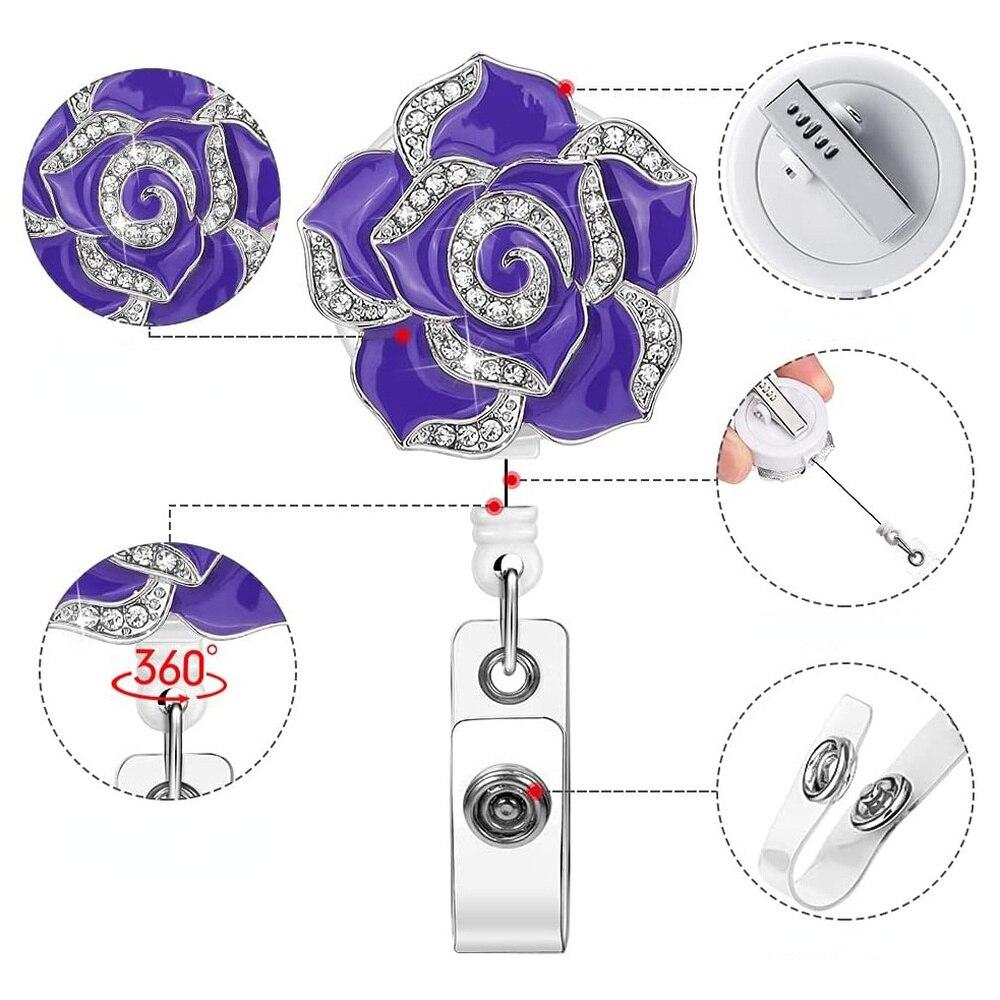 Катушка для бейджа с розой и бриллиантами для женщин и девочек, бейдж с именем, рабочий пропуск, выдвижной ремешок, нагрудная бирка, клипса, катушка