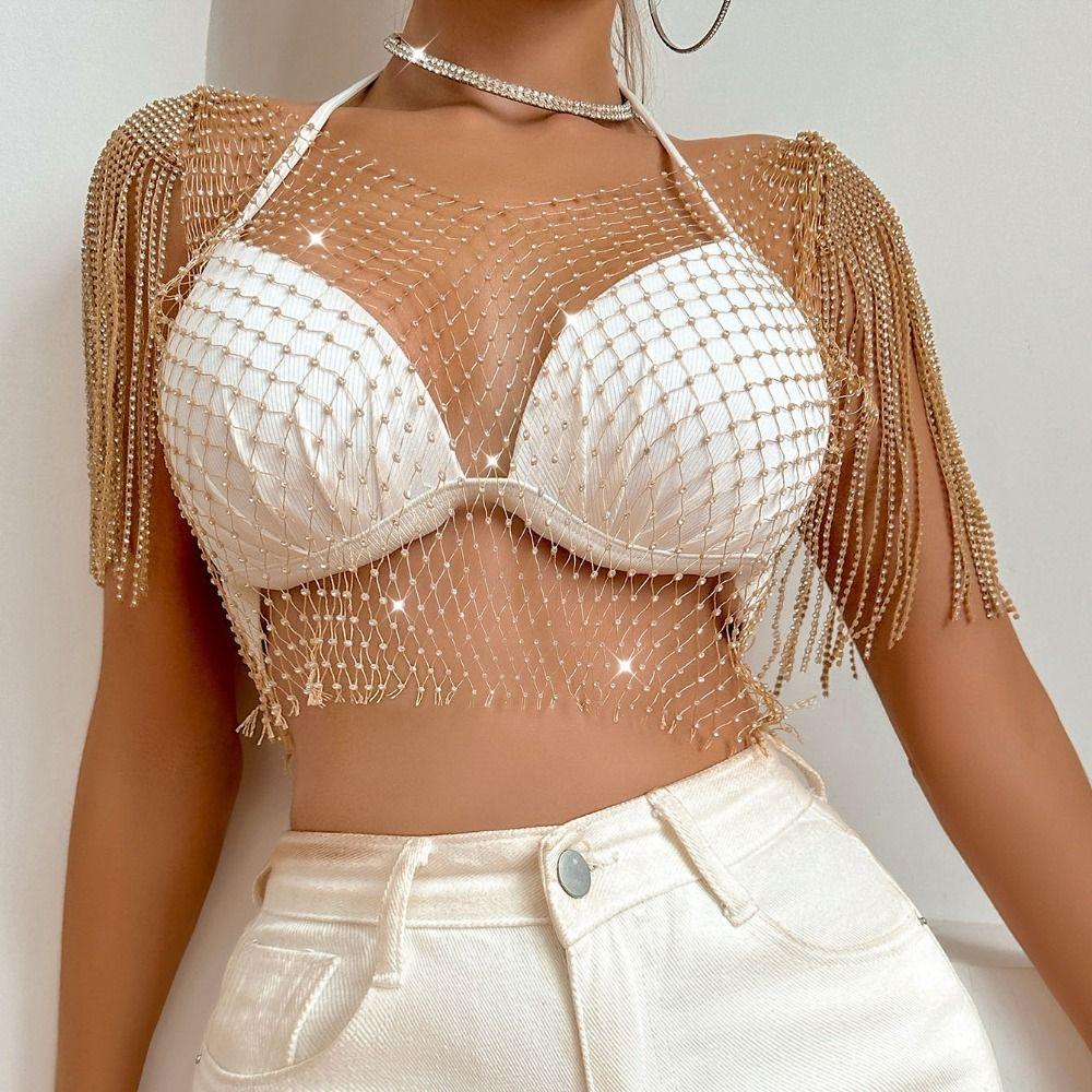 Стразы Стразы Топы-сетки с кисточками Шаль Прозрачная футболка с кисточками Шаль Женщины