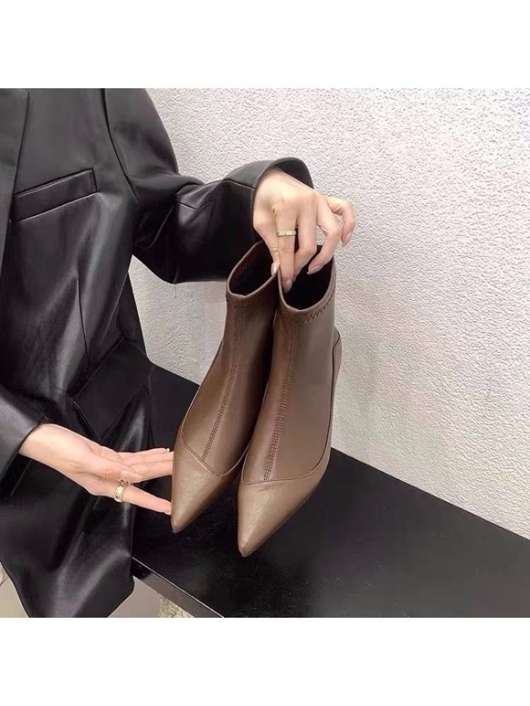Fashion French Pointed Toe Booties Women's New Low Heel Fashion Soft Leather Versatile Show Skinny Boots