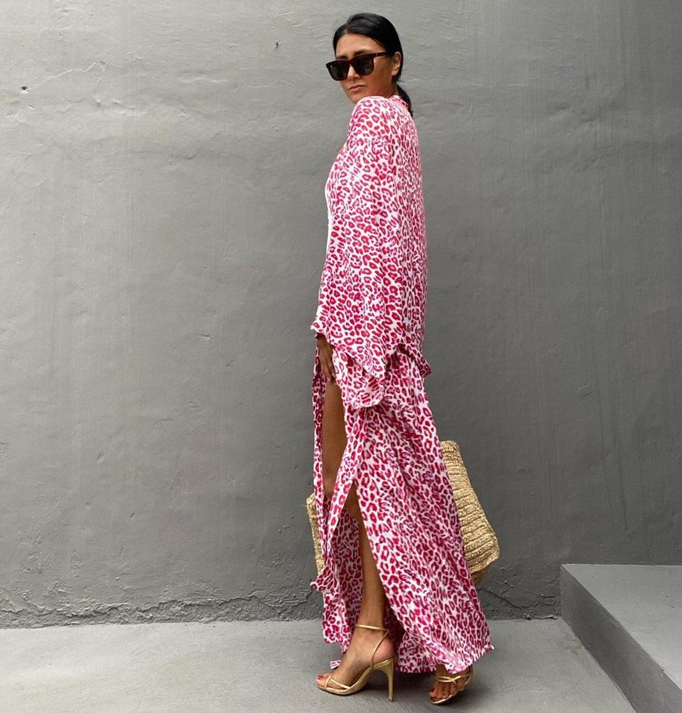 Длинный кардиган с леопардовым принтом: Свободная пляжная солнцезащитная накидка и купальник для женщин