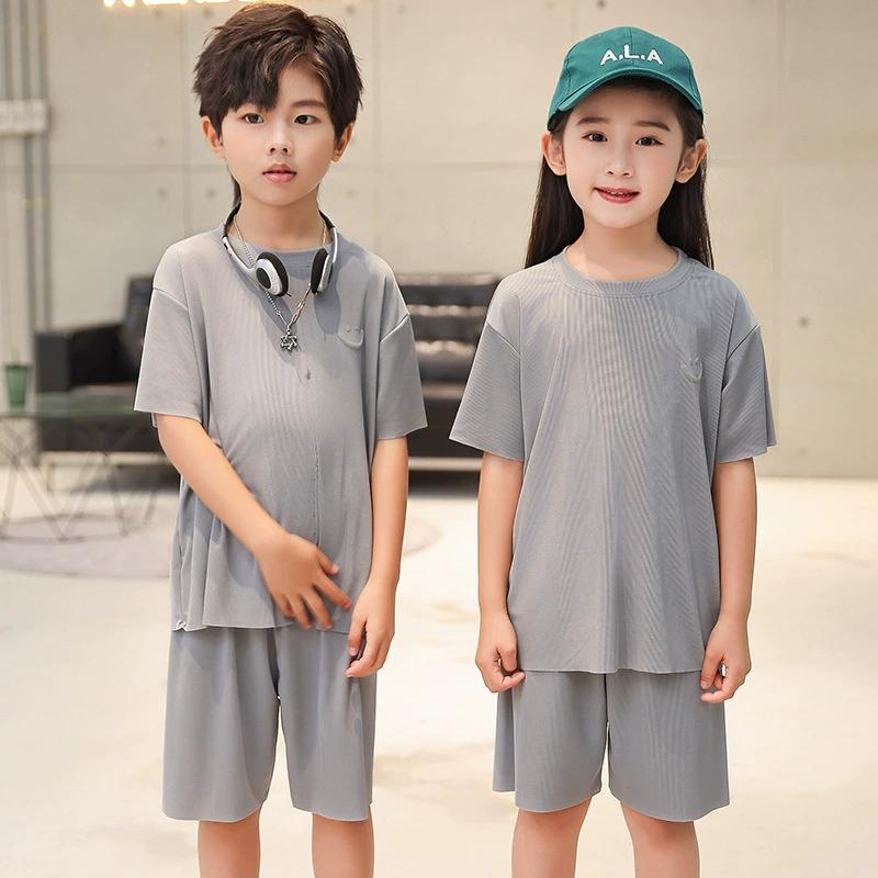 Children's Short-sleeved Suit T-shirt Ice Silk Big Children Girls Boys Baby Pajamas Summer Thin Two-piece Home Service