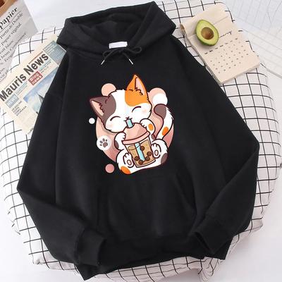 Женские худи с котиком и чаем боба для осени и зимы, повседневные спортивные женские худи-топы