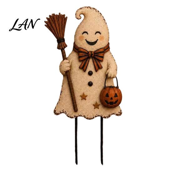 Spooky Pumpkin Yard Signs Halloween Cute Ghost Ground Stakes, Metal Art Sculpture with Pumpkin/Broomstick Elements for Outdoor Garden Stakes Lawn And