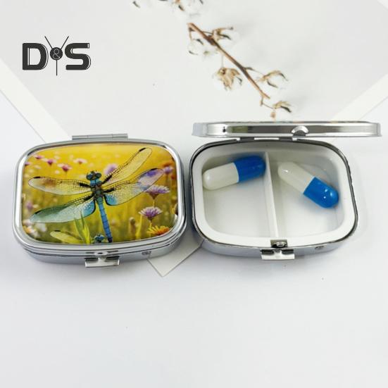 Pill Box with Hinged Lid 2 Compartments Tablet Holder Portable Jewelry Case with Mirror for Purse Pocket Travel Use