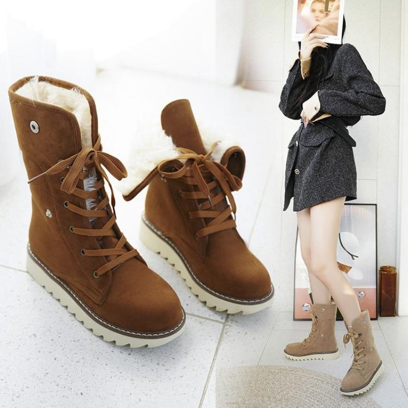 Snow Boots Women Suede Furry Solid Color Round Toe Lace Up Flat Cotton Shoes Winter Casual Plush Fur Warm Platform Ankle Boots