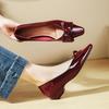 Square Head Bow Light Mouth Low Heel Single Shoes Women's 2025 Spring and Autumn New Burgundy Patent Leather Not Tired Feet Thick Heel Women's Shoes