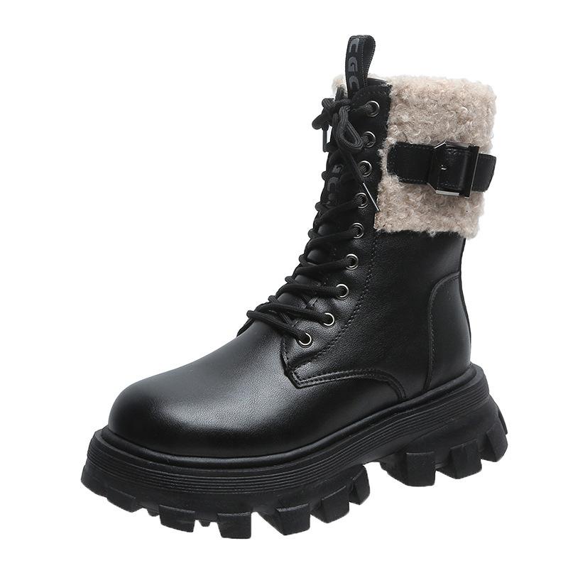 Мягкие кожаные бархатные хлопковые ботинки женские 2025 зима новые ретро на толстой подошве черные короткие ботинки подошва-маффин пушистые ботинки ботинки Мартин