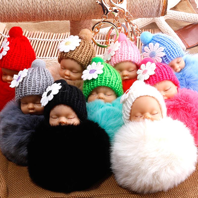 1PC Cartoon Lovely Women Baby Sleep Doll Keyring Plush Bag Pendant Fluffy Fur Ball
