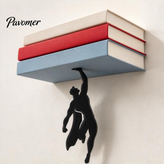 Unique Floating Book Holder Hero Bookshelf, Wall Mounted Storage Shelf, Creative Invisible Metal Shelf for Hanging Rack Small Apartments Study