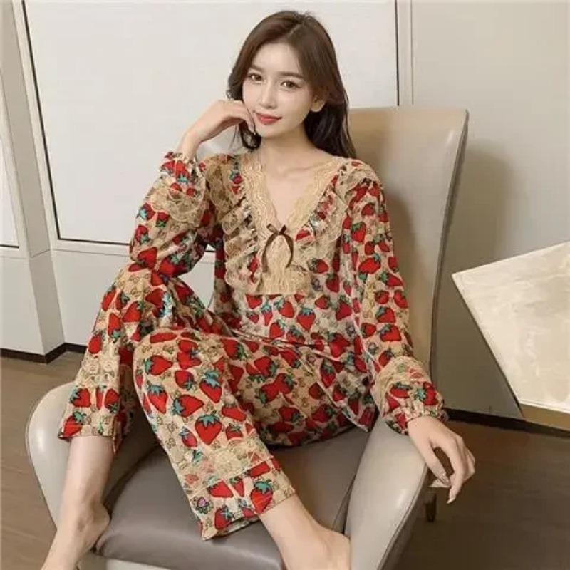 Осенний Холодный Сезон Стиль Кружевная Девятиquarter Рукав Топ Широкие Штаны Домашняя Одежда Домашнее Платье Леопардовый Принт Канареечный Бархат Пижама Комплект Для Женщин