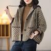 Retro Thousand Birds Plaid Jacket Women's Large Size Loose Literary Versatile Skinny Thousand Soft Velvet Temperament Hooded Long Sleeves