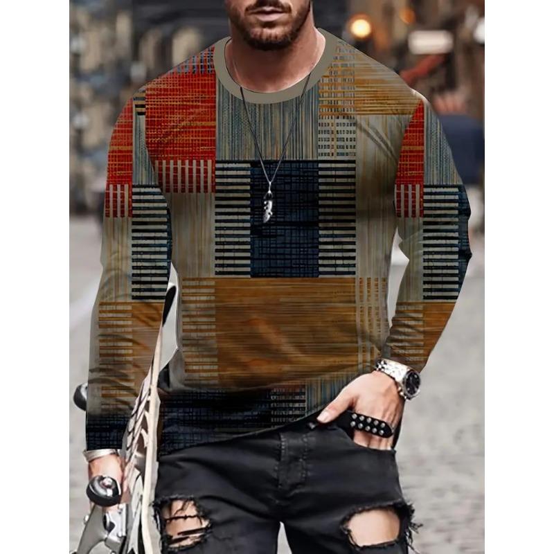 Trendy Retro Contrast Color Fabric Series 3D Printing Summer Round Neck Casual Long-sleeved T-shirt Fashionable Men's Clothing