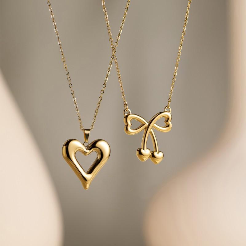 European and American French Gold Stainless Steel Three-dimensional Love Bow Cherry Pendant Necklace Collarbone Chain Women