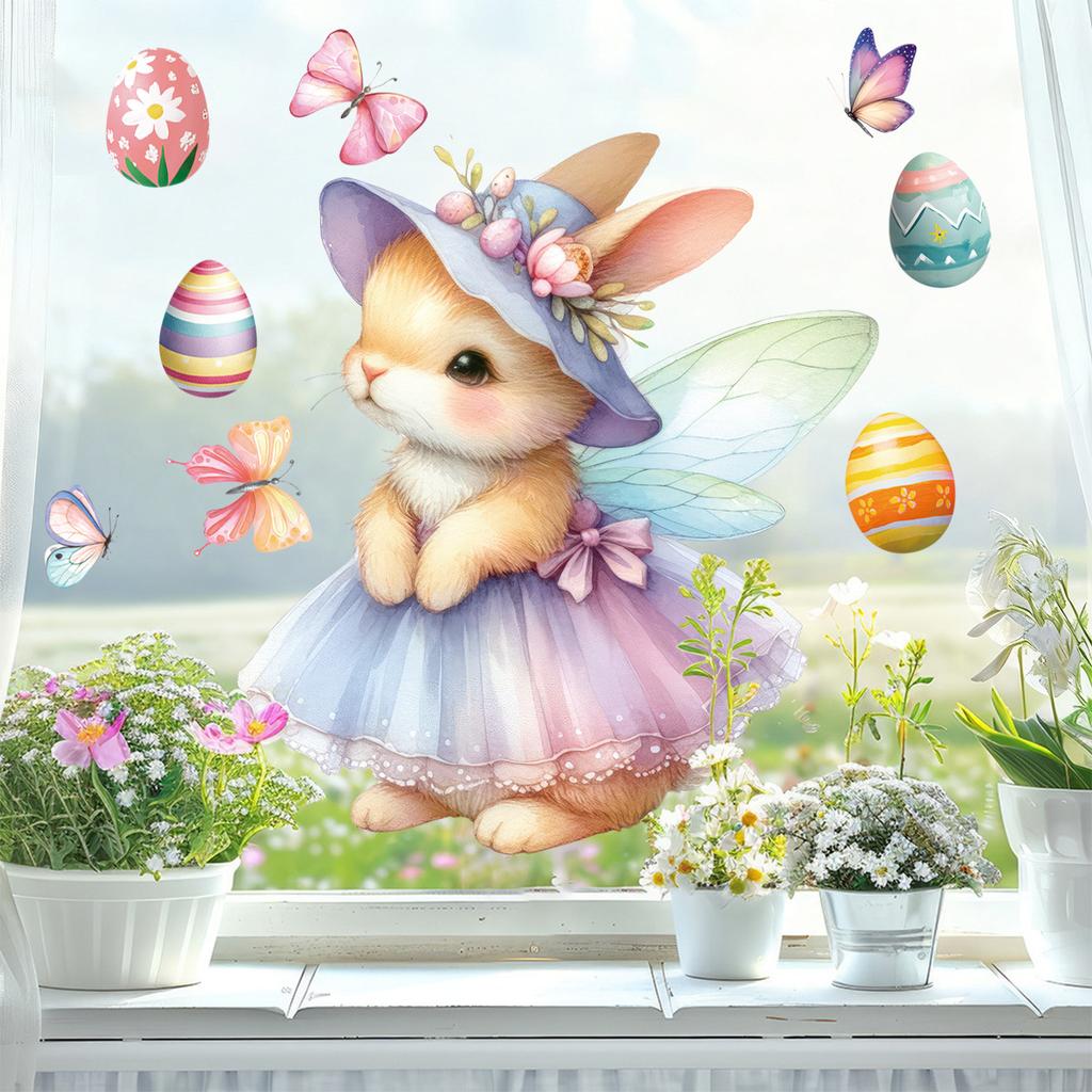 Easter 2026 Window Stickers Cute Angel Bunny Static Cling Decals for Bedroom Living Room Home Decor